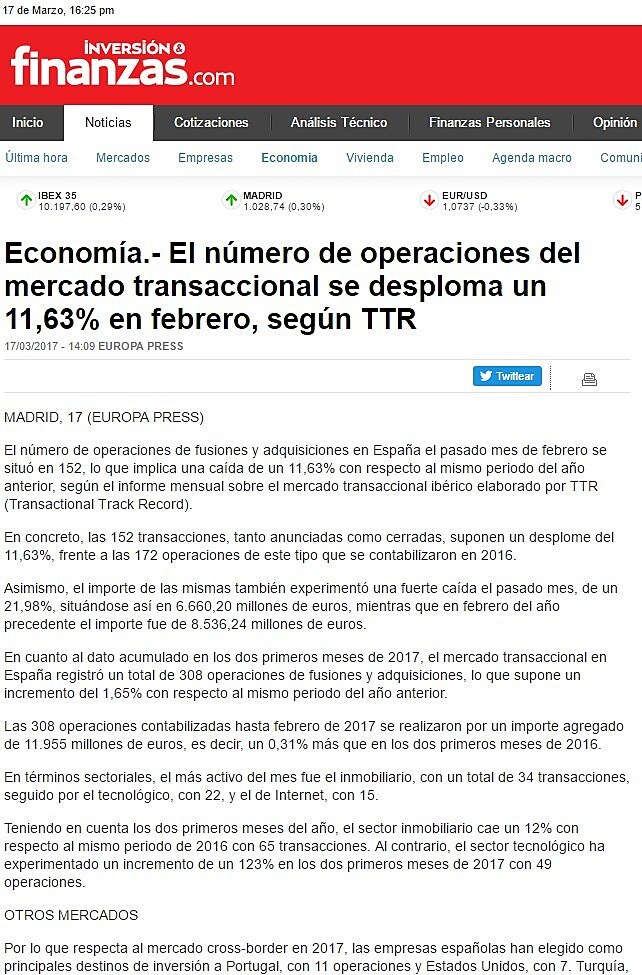 El nmero de operaciones del mercado transaccional se desploma un 11,63% en febrero, segn TTR